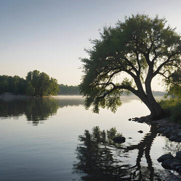 Peaceful image of trees along the river.
