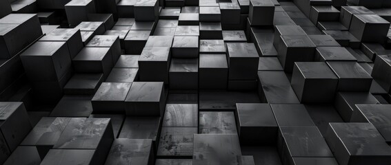 An abstract composition of black and white cubes arranged in a geometric pattern, creating a visually striking image.