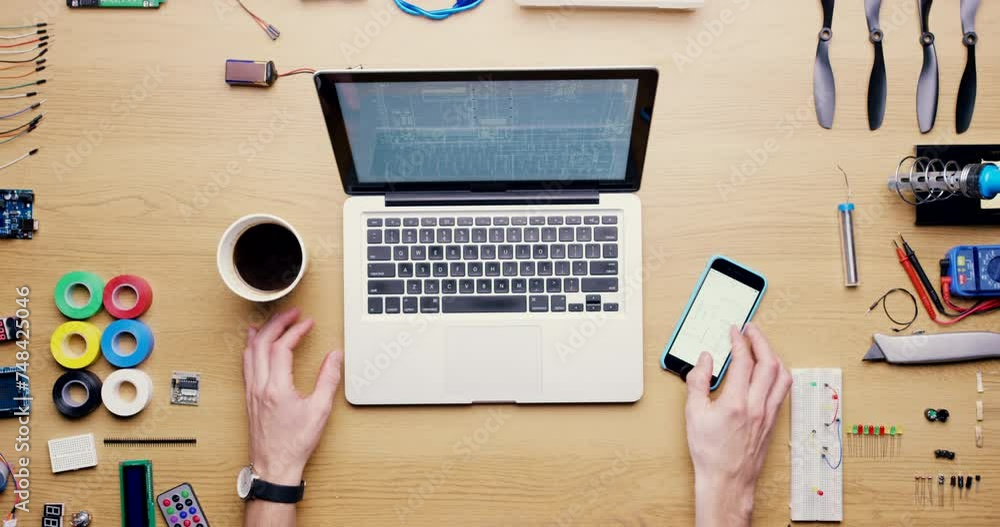 Aufkleber laptop, technician and phone with hands and coffee above on office desk in preparation for online tu