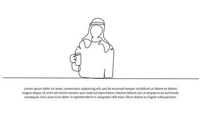 Vector illustration of muslim couple eating together. Modern flat in continuous line style.