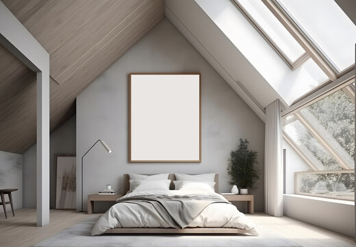 Simulation of the interior of an attic bedroom with a double bed and empty picture frames.