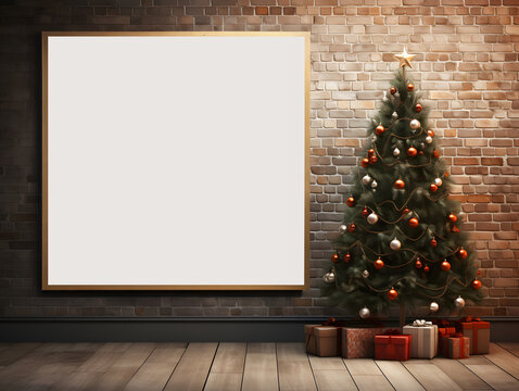 Empty picture frame simulation wall Christmas tree pine decor presents home winter intrerier. 