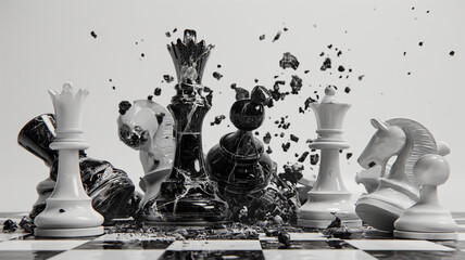 Black and white marble chess battle, Chess victory king game, Checkmate strategy competition and battle of chess game concept and water splashes in 3D - obrazy, fototapety, plakaty