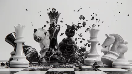 Foto op Plexiglas Black and white marble chess battle, Chess victory king game, Checkmate strategy competition and battle of chess game concept and water splashes in 3D © Pailin
