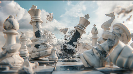 white marble chess breaking from destroy with sky view on chess board - obrazy, fototapety, plakaty