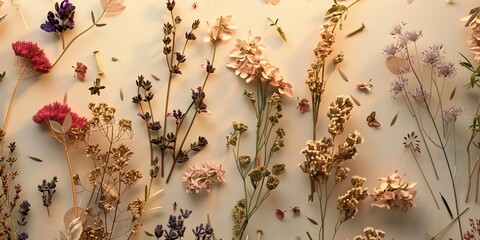 Herbal apothecary aesthetic. Dry herbs and flowers on a beige background. With Generative AI technology