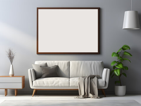 Empty picture frame simulation wall Modern living room design, with elegant decorations.