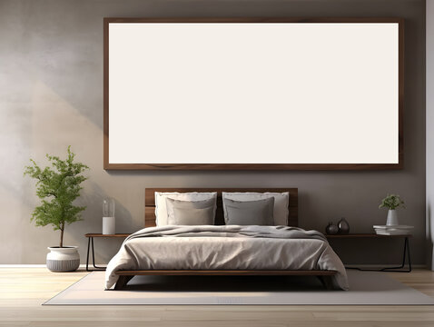 Simulation of a bedroom interior with a double bed, and an empty picture frame.
