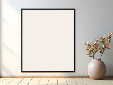 Empty photo frame mockup on a white wall Decorate with flowers and vases.