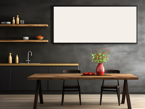 Mockup of a poster frame in a black dining room
