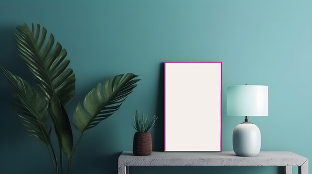 Mockup of empty photo frame on blue wall decorated with flowers and vases

