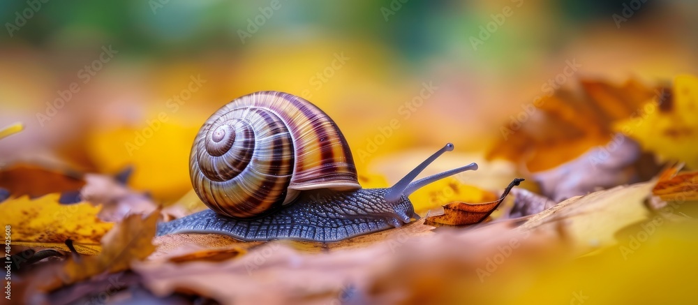 Sticker A curious snail exploring the vibrant green leaves of a garden plant on a sunny day