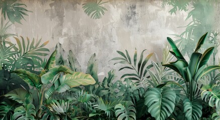 A painting depicting various shades of green plants and leaves intricately detailed on a wall, adding a touch of nature indoors.
