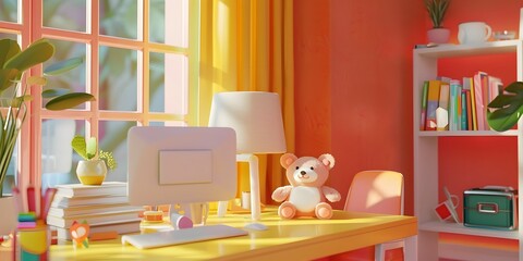 Yellow background, girl sitting in front of computer working, macaron color