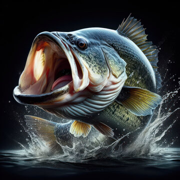 Bass fish isolated on black, Large mouth bass jumping out of the water, Fishing, Largemouth Bass Jumping, hunting Portrait, Bass hunts the bait.