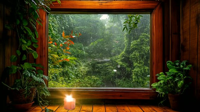 Rain in forest viewing from window. Seamless looping time-lapse 4k video animation background