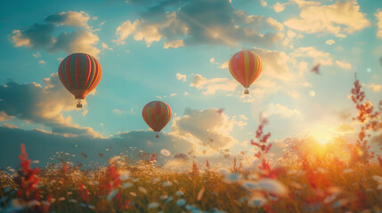 A serene and peaceful scene of a hot air balloon festival with colorful balloons in the sky realistic stock photography