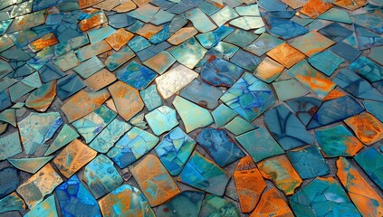 A detailed view of a mosaic tile floor showcasing intricate patterns and vibrant colors of the tiles.