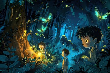 Obraz premium Cartoon cute doodles of kids having a nighttime adventure, exploring a mysterious forest with glow-in-the-dark creatures, Generative AI