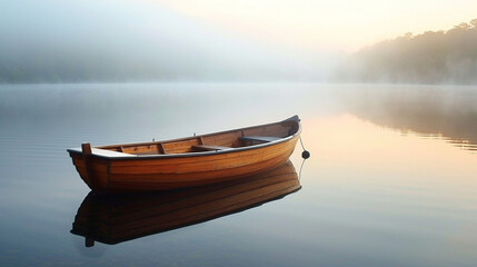 A serene and peaceful scene of a wooden rowboat on a still lake with mist rising at dawn realistic...