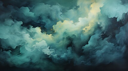 This abstract painting depicts clouds in the sky with smoke coming out of them. The clouds are white and puffy, and the smoke is black and wispy. - obrazy, fototapety, plakaty