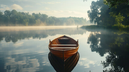 A serene and peaceful scene of a wooden rowboat on a still lake with mist rising at dawn realistic stock photography