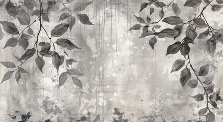 A black and white depiction of leaves attached to a wall, creating a textured and patterned surface.