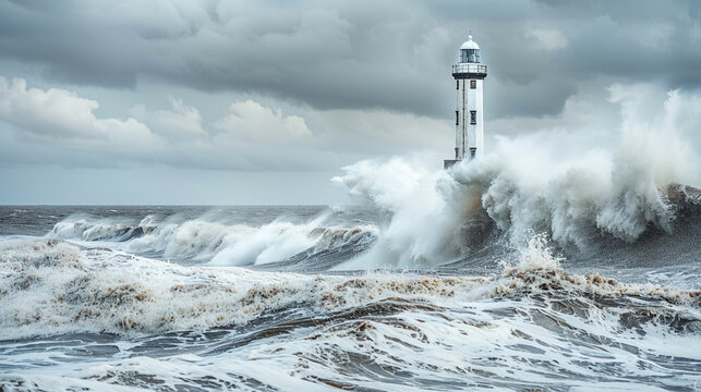 A serene and picturesque coastal scene with a lighthouse overlooking turbulent waves realistic stock photography