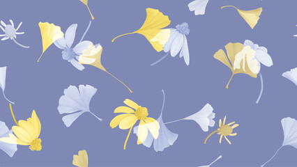 Seamless pattern of Cutleaf coneflower and ginkgo leaves with yellow and blue on blue background - 748426415