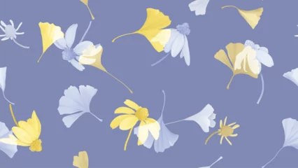 Rolgordijnen Seamless pattern of Cutleaf coneflower and ginkgo leaves with yellow and blue on blue background © momosama