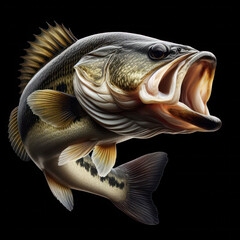Bass fish isolated on black, Large mouth bass jumping out of the water, Fishing, Largemouth Bass Jumping, hunting Portrait, Bass hunts the bait.