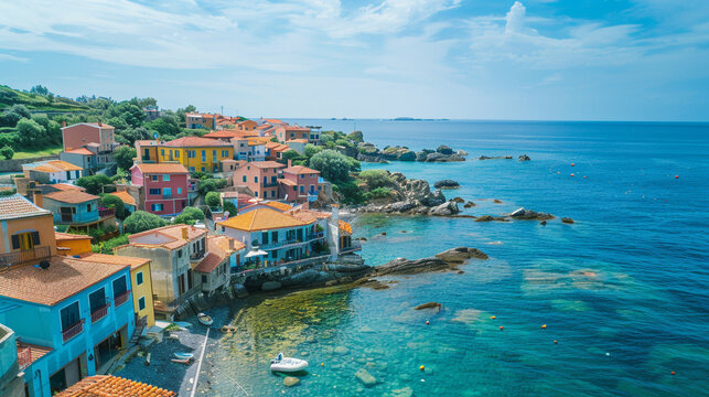 A serene and picturesque coastal village with colorful houses overlooking the sea. realistic stock photography