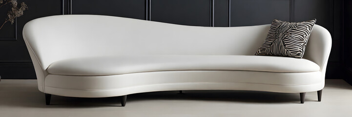 Sleek Simplicity: 3:1 Banner Featuring a Minimalist White Sofa Against a Stylish Black Background. Perfect for modern interiors, furniture showcases, and minimalist design projects.