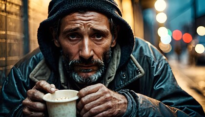 A man's eyes implore passersby as he holds out a cup for aid, his plight underscored by the city's indifference. His rugged face tells a story of life's unyielding hardships. - obrazy, fototapety, plakaty