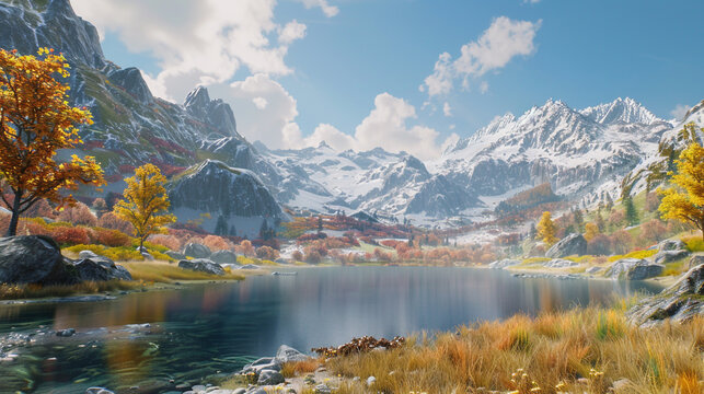 A serene and picturesque mountain lake surrounded by autumn foliage and rocky peaks. realistic stock photography