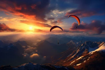 Gordijnen Spectacular Paragliders mountains sunset background. Extreme sport. Generate Ai © juliars