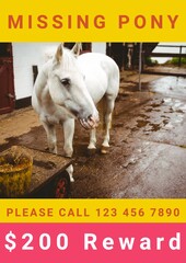 Composition of poster with missing pony text over horse on yellow background