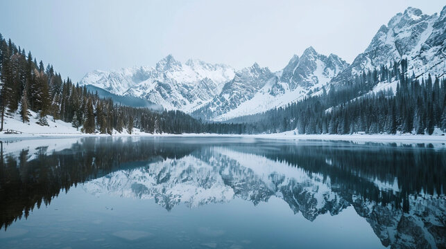 A serene and picturesque mountain lake surrounded by snow-covered peaks in winter realistic stock photography