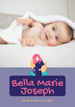 Composition of bella marie joseph text with birth date over caucasian baby on purple background