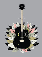 hand drawn Guitar with leaves, nature symphony symbol