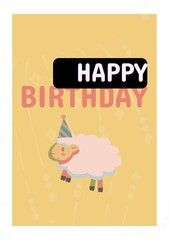 Composite of happy birthday text over sheep in party hat on yellow background