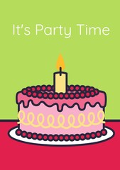 It's party time text with pink birthday cake and candle on green and pink background