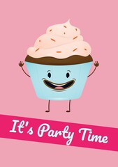 It's party time text on pink band with smiling cupcake on pink background