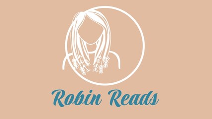 Obraz premium Robin reads text in blue and faceless woman with long hair in white circle on brown background