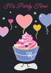 It's party time text in pink with smiling cupcake and colorful heart balloons on black background