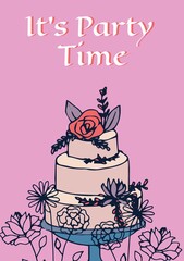 It's party time text in white with tiered birthday cake and flowers on pink background