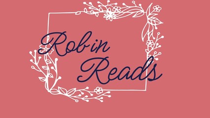 Obraz premium Robin reads text in blue and white rectangle with foliage decoration on dark pink background