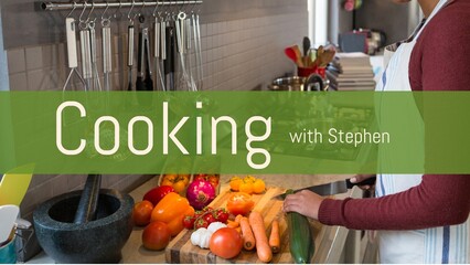 Cooking with stephen text on green band over biracial woman in apron chopping vegetables in kitchen