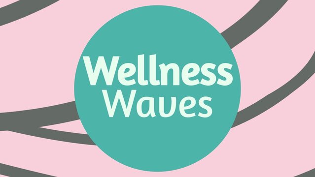 Fototapeta Wellness waves text in white on blue band circle over green curved lines on pink background