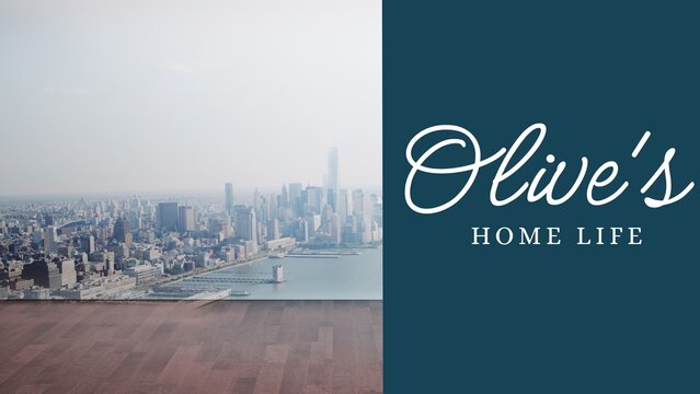 Olive's home life text in white on blue over modern cityscape - Powered by Adobe
